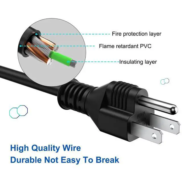 Alt view image 6 of 6 - 6ft/1.8m UL Listed AC in Power Cord Cable Outlet Plug Lead Compatible with Dell U2412M U2412Mb 860-10161 UltraSharp 24 Widescreen LED LCD Monitor