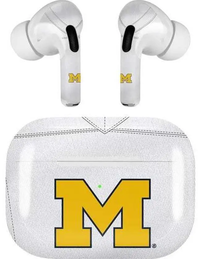 Main image of Decal Audio Skin Compatible with Apple AirPods Pro - Officially Licensed University of Michigan White Jersey Design