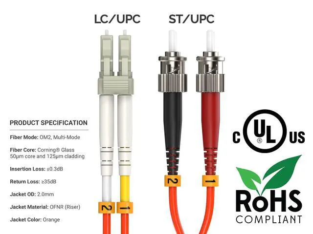 Alt view image 4 of 4 - CableLedaer 2m OM2 LC to ST UPC Duplex Corning Fiber Optic Cable MultiMode 50/125 OFNR Rated for Fast Ethernet, Fiber Channel, Data Center & ATM, Orange