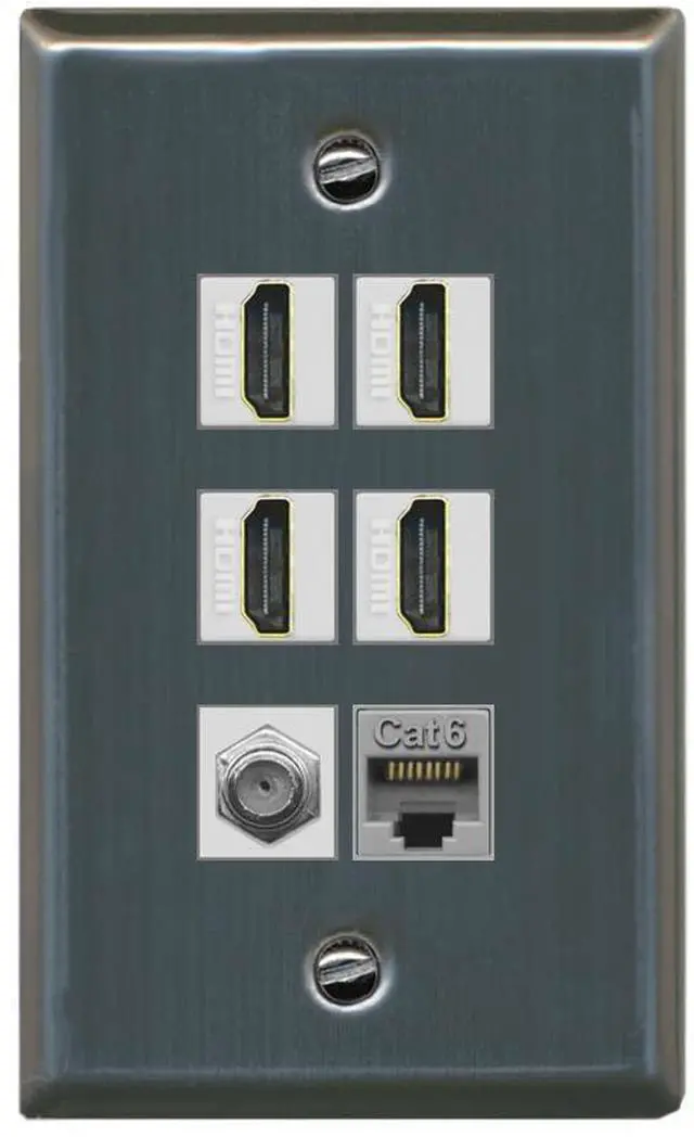 Main image of 4 Port HDMI 1 Coax Cable TV- F-Type 1 Cat6 Ethernet Wall Plate - (1 Gang-Stainless Steel)