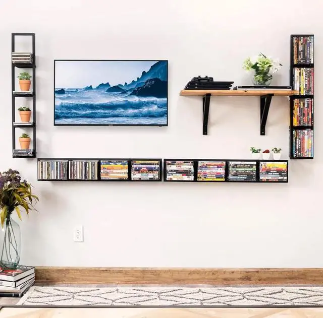 Alt view image 6 of 7 - CD Storage Shelf, 34 Inch Media Storage Rack, Cube Storage Organizer Floating Shelf, Wall Mounted Video Games CD DVD Organizer Metal Shelf for Study, Bedroom,Office,Living room (3 Pcs, Black)