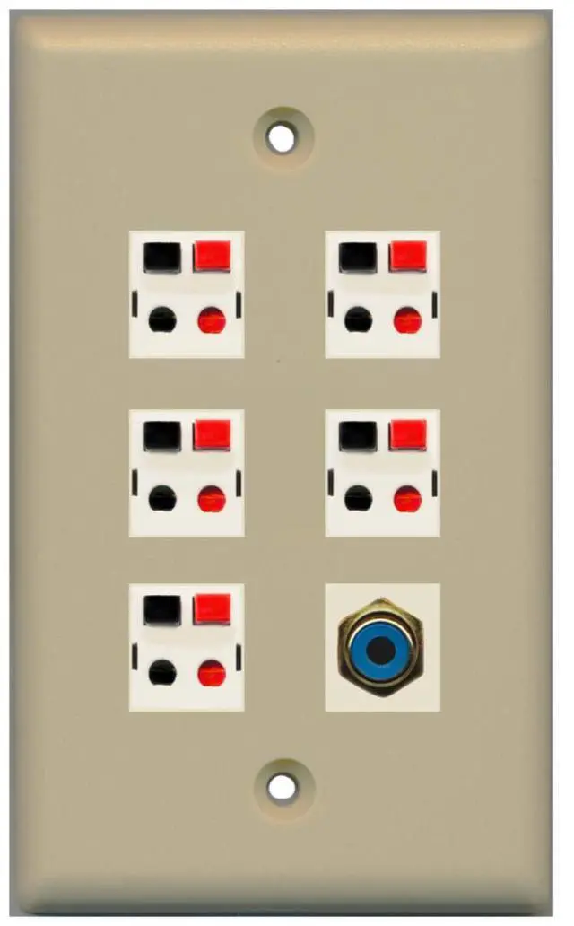 Main image of 5 x Speaker Jacks and 1 x RCA Subwoofer Port Wall Plate Single Gang - Ivory