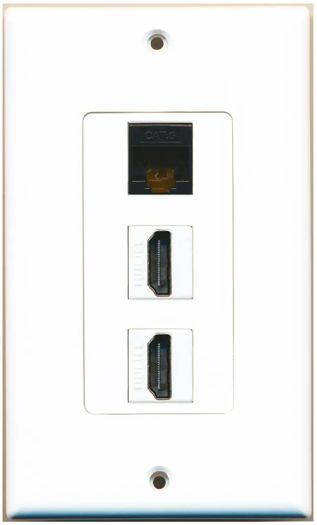 Main image of 1 Cat6 Black Ethernet Port and 2 HDMI Female Decorative Wall Plate - White