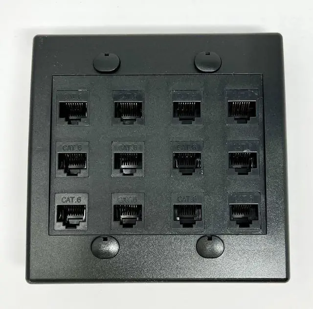 Main image of 12 Port Flat Dual 2 Gang Ethernet Cat6 RJ45 Network Wall Plate - Black