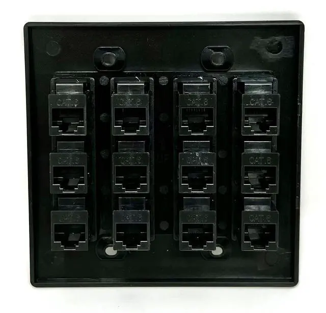 Alt view image 3 of 3 - 12 Port Flat Dual 2 Gang Ethernet Cat6 RJ45 Network Wall Plate - Black