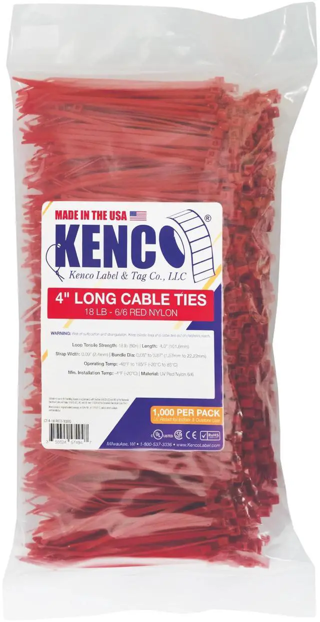 Main image of 4 Inch Cable Ties, 18 Pound Tensile Strength, Made in the USA, MS3367-4-0, UL Listed, CSA Certified, CE and RoHS Compliant (10, Red)