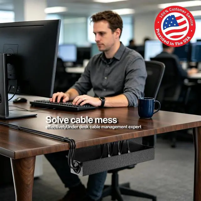 Alt view image 2 of 6 - Under Desk Cable Management Tray, 16.5" Extended Wire Organizer | Slim 3" Profile Steel Power Strip Holder, Screw-Mount Cord Hider for Wide Standing Desk Home Office