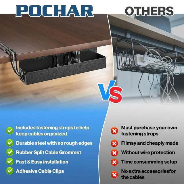 Alt view image 6 of 6 - Under Desk Cable Management Tray, 16.5" Extended Wire Organizer | Slim 3" Profile Steel Power Strip Holder, Screw-Mount Cord Hider for Wide Standing Desk Home Office