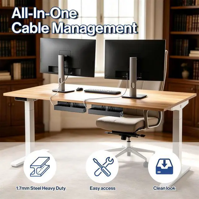 Alt view image 3 of 6 - Under Desk Cable Management Tray, 16.5" Extended Wire Organizer | Slim 3" Profile Steel Power Strip Holder, Screw-Mount Cord Hider for Wide Standing Desk Home Office