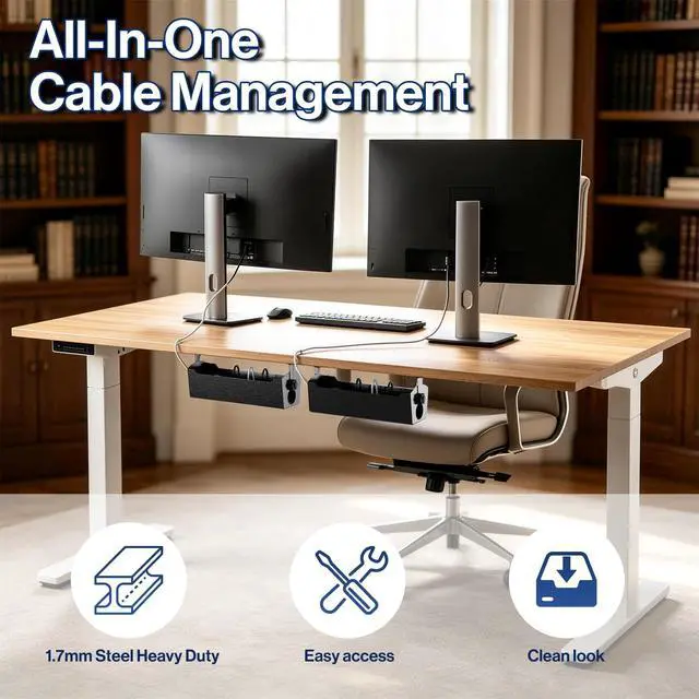 Alt view image 3 of 6 - Under Desk Cable Management Tray, 15" Power Strip Holder | Heavy Duty 1.7mm Steel Wire Organizer with 9-Cord Routing Openings, Screw Mount Cord Management for Standing Desk Home Office