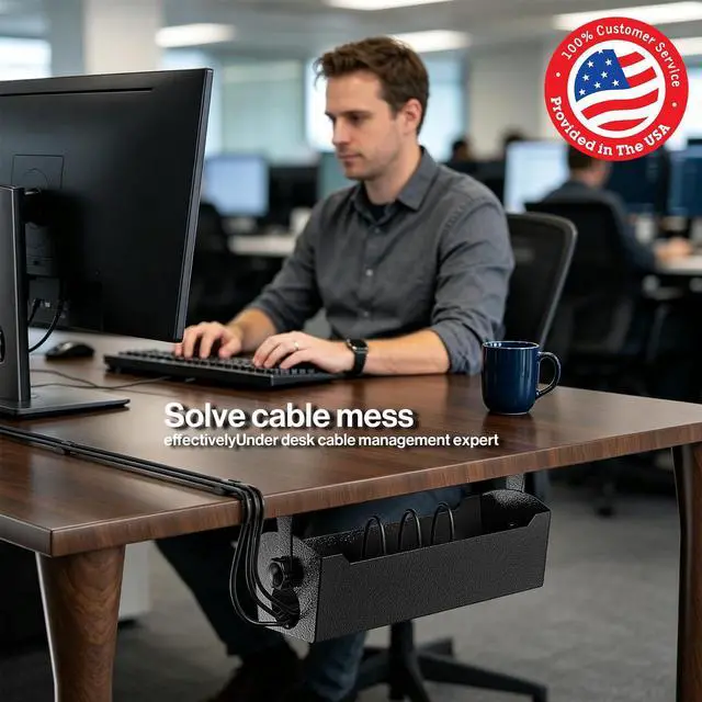 Alt view image 2 of 6 - Under Desk Cable Management Tray, 15" Power Strip Holder | Heavy Duty 1.7mm Steel Wire Organizer with 9-Cord Routing Openings, Screw Mount Cord Management for Standing Desk Home Office