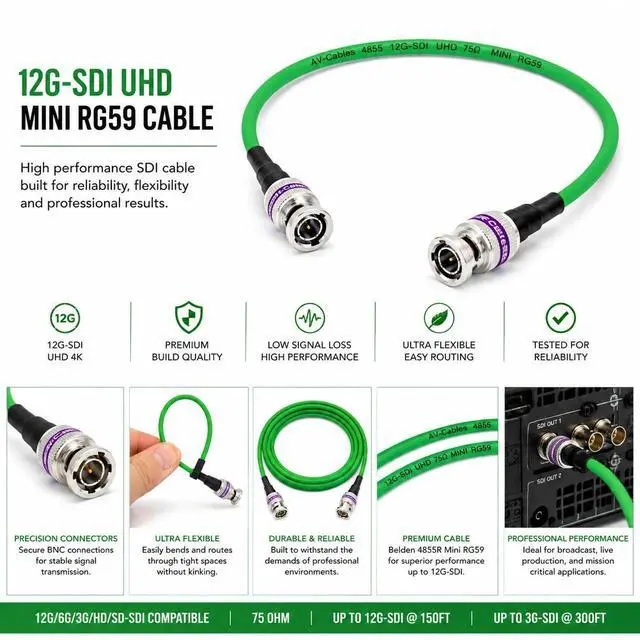 Alt view image 2 of 7 - 12G-SDI BNC to BNC Cable, 4855R,10ft, Green | Premium Mini RG59, 75 Ohm, Supports SD, HD, 3G, 6G & 12G-SDI