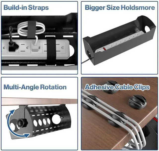 Alt view image 6 of 6 - Under Desk Cable Management Tray, 15" Power Strip Holder | Heavy Duty 1.7mm Steel Wire Organizer with 9-Cord Routing Openings, Screw Mount Cord Management for Standing Desk Home Office