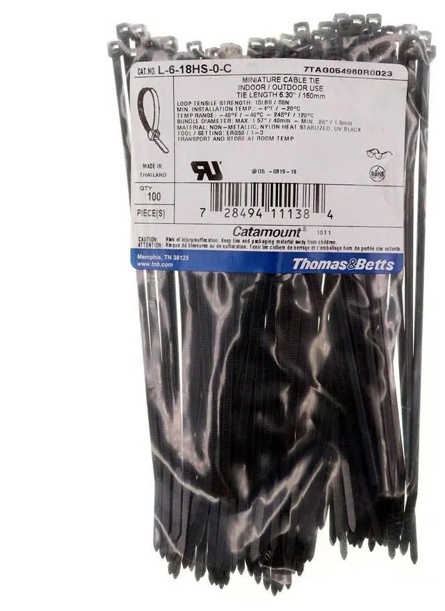 Main image of L-6-18HS-0-C Mini Cable Tie, Indoor/Outdoor, UV Black Nylon, 6.3-Inch (100-Pack)