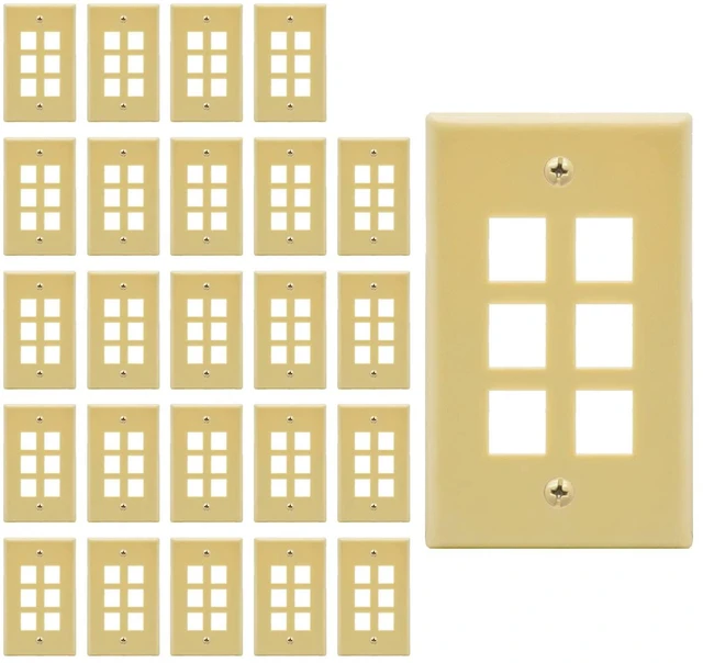 Main image of 6 Port Keystone Jack Wall Plate with Smooth Face (25-Pack, Ivory)