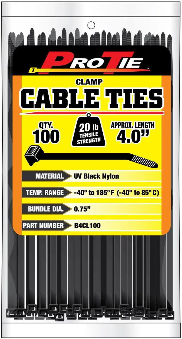 Main image of Pro Tie B4CL100 4-Inch Clamp Cable Tie, UV Black Nylon, 100-Pack