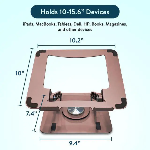 Alt view image 3 of 6 - Vented Swivel Laptop Stand/Riser for Desk (Rose Gold) | This portable, adjustable computer stand rotates 360°, raises & tilts fits iPad & all laptops up to 19 lbs