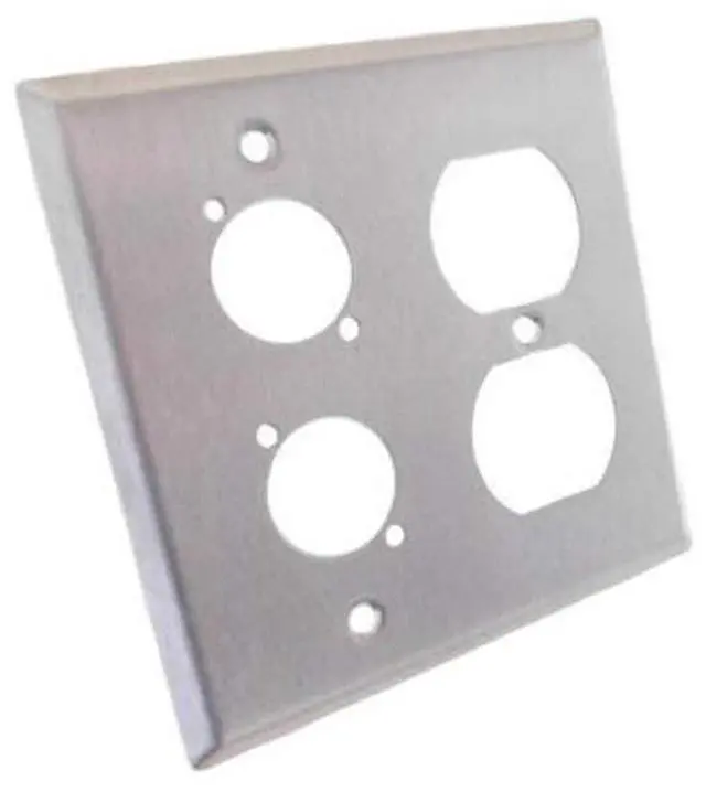 Main image of ProCraft Stainless Steel 2 Gang Wall Plate/AC Duplex 2 XLR D Style Hole | 2-gang stainless steel wall plate features cutouts for one duplex AC outlet and two D-style XLR panel connectors