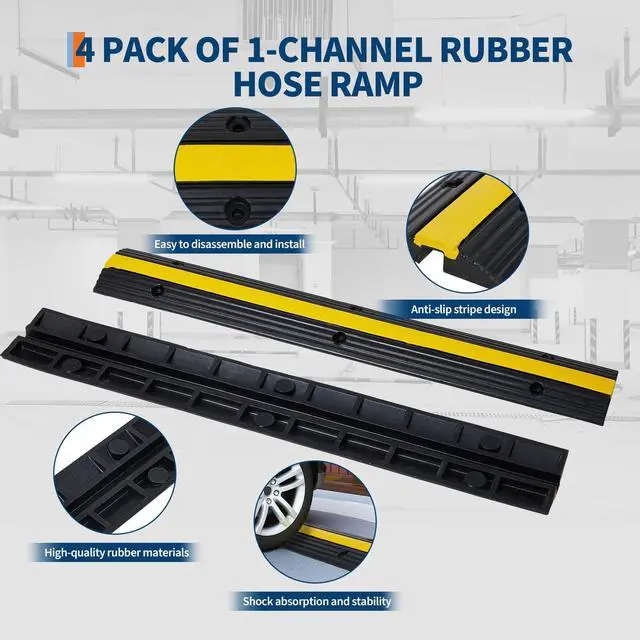 Alt view image 5 of 7 - Rubber Cable Ramps 4 Pack, Heavy Duty Cable Protector Ramp 22,000 Lbs Per Axle Capacity, Hose Protector Ramp with Anti-Slip Surface, Traffic Speed Bumps Cord Covers for Wires on Floor