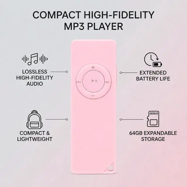Alt view image 2 of 7 - 64GB MP3 Player No Bluetooth, Lossless Sound Portable Music Player for Kids Running Cycling, Small MP3 Player Without WiFi Support Memory Card, Roseate
