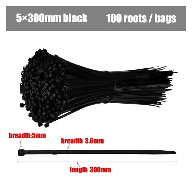 Alt view image 2 of 7 - Self-Locking Plastic Nylon Tie 100 PCS Black 5X300cable Tie Fastening Ring3X200 Cable Tie Zip Wraps Strap Nylon Cable Set(5x300mm)