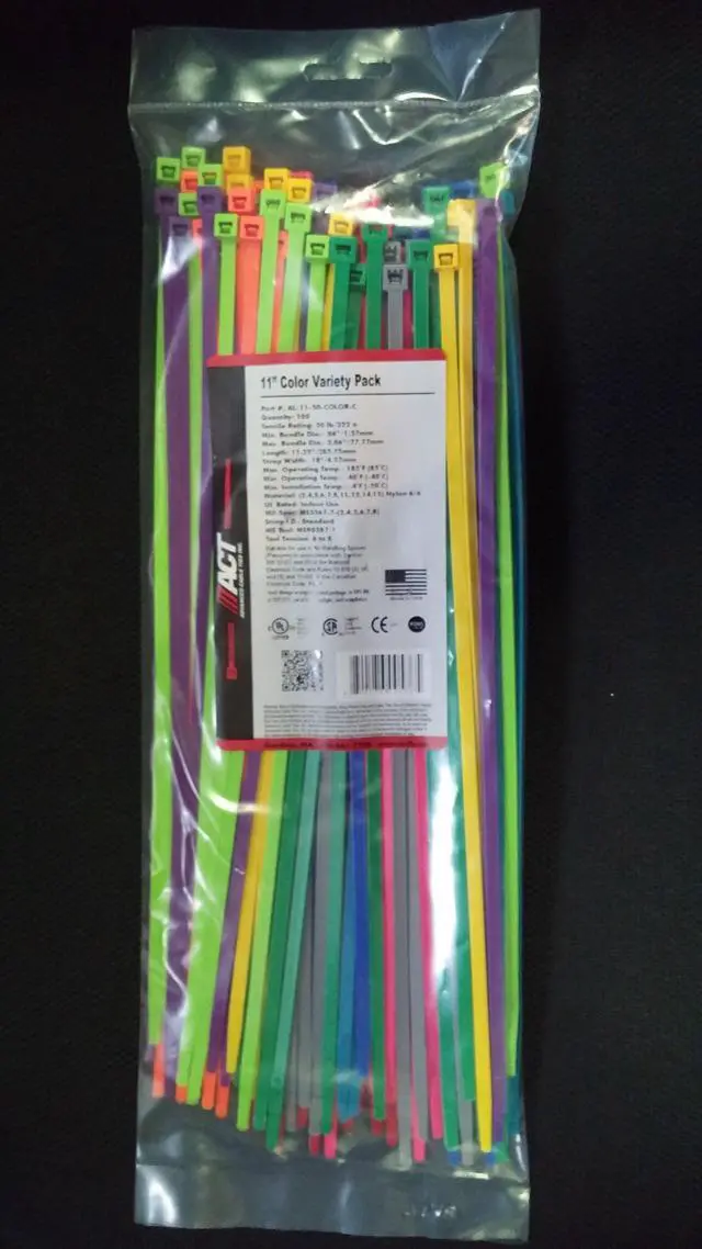 Alt view image 2 of 2 - 11" Inch Cable Ties Color Variety Pack 50lb 100ct MADE IN USA