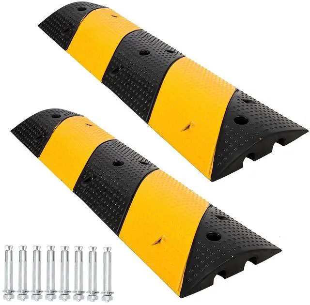 Main image of 3 Ft Rubber Speed Bump (2 Pack) - Heavy Duty 25000 Lbs Load Capacity, 2 Channel Cable Protector Ramp for Driveway, Road, Parking Lot - Asphalt/Concrete/Gravel Installation, Includes 8 Bolt Spikes