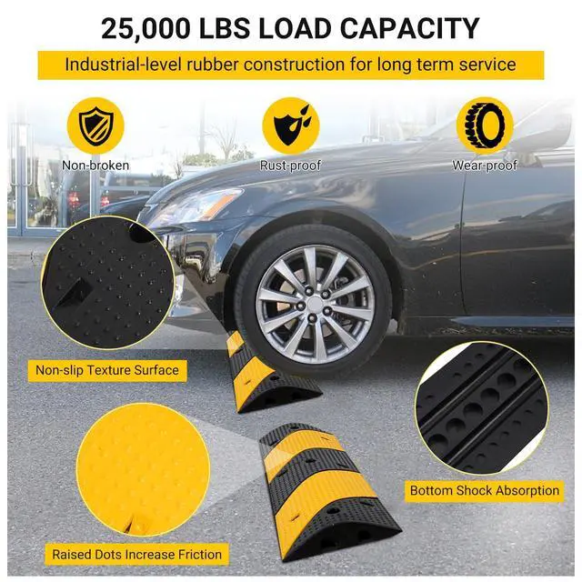 Alt view image 5 of 6 - 3 Ft Rubber Speed Bump (2 Pack) - Heavy Duty 25000 Lbs Load Capacity, 2 Channel Cable Protector Ramp for Driveway, Road, Parking Lot - Asphalt/Concrete/Gravel Installation, Includes 8 Bolt Spikes