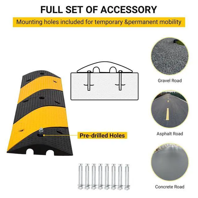 Alt view image 4 of 6 - 3 Ft Rubber Speed Bump (2 Pack) - Heavy Duty 25000 Lbs Load Capacity, 2 Channel Cable Protector Ramp for Driveway, Road, Parking Lot - Asphalt/Concrete/Gravel Installation, Includes 8 Bolt Spikes