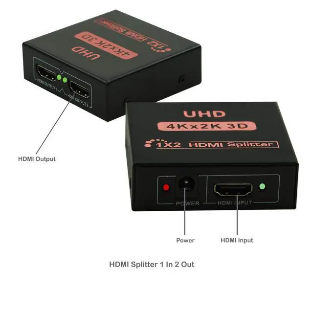 Alt view image 2 of 6 - HDMI Audio Video Splitter 1 in 2 out, 4K Ultra HD Resolution, Powered HDMI Splitter for Dual Duplicate Monitors Ver 1.4 Certified for Full HD 1080P High Resolution & 3D Support