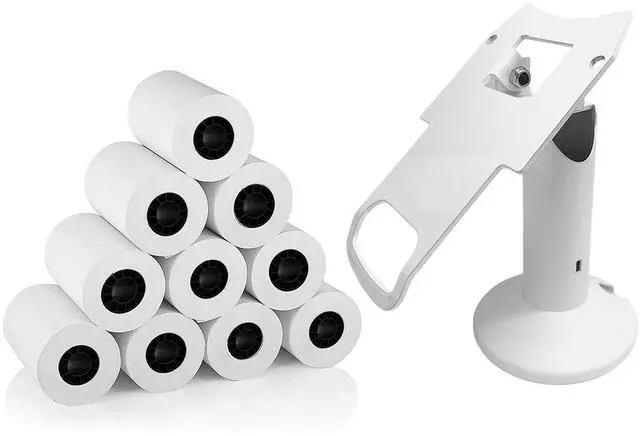Main image of DCCStands Clover Mini/Clover Mini 3 7" Swivel and Tilt Stand and 10 Roll Case of Thermal Paper 2 1/4" x 85' Bundle, White