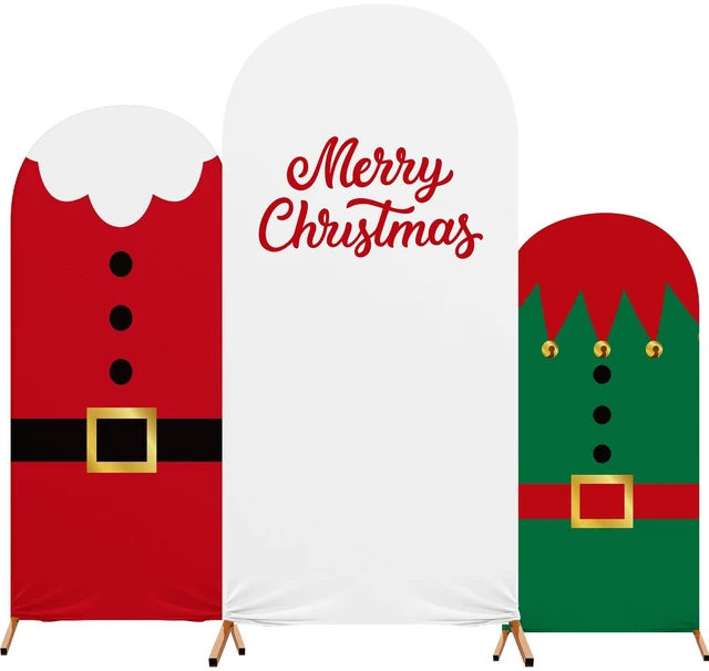 Main image of 3 Pack Christmas Arch Backdrop Covers Santa Elf for 4ft 5ft 6ft Stretch Fabric Fits Arches, Santa Belt Elf Costume Prints, Merry Christmas Text, Photoshoot Ceremony Decoration, Reusable
