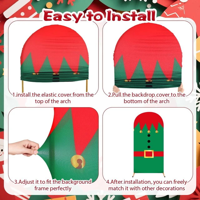 Alt view image 3 of 6 - 3 Pack Christmas Arch Backdrop Covers Santa Elf for 4ft 5ft 6ft Stretch Fabric Fits Arches, Santa Belt Elf Costume Prints, Merry Christmas Text, Photoshoot Ceremony Decoration, Reusable