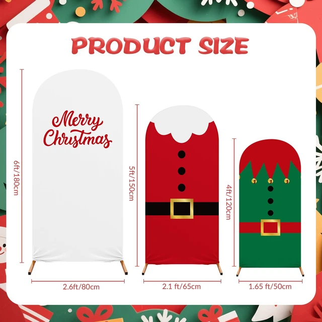 Alt view image 4 of 6 - 3 Pack Christmas Arch Backdrop Covers Santa Elf for 4ft 5ft 6ft Stretch Fabric Fits Arches, Santa Belt Elf Costume Prints, Merry Christmas Text, Photoshoot Ceremony Decoration, Reusable