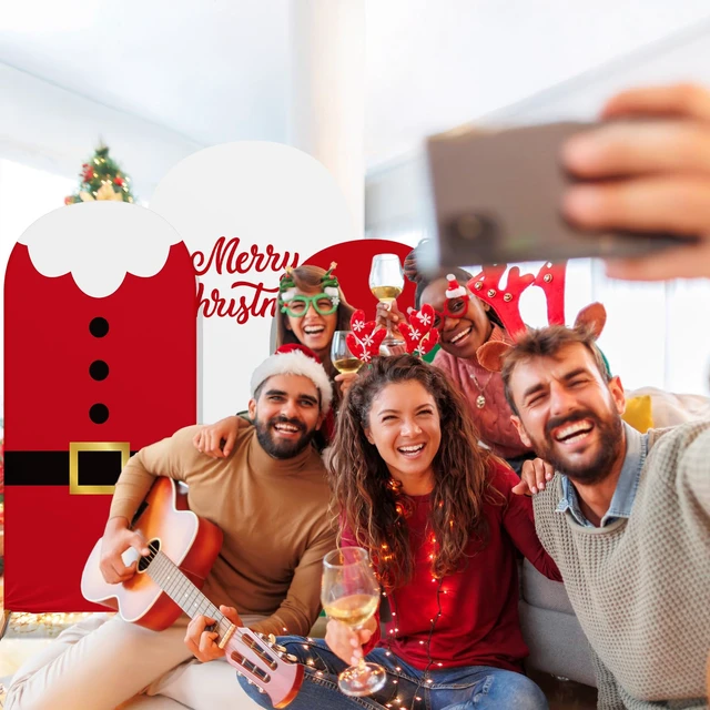 Alt view image 5 of 6 - 3 Pack Christmas Arch Backdrop Covers Santa Elf for 4ft 5ft 6ft Stretch Fabric Fits Arches, Santa Belt Elf Costume Prints, Merry Christmas Text, Photoshoot Ceremony Decoration, Reusable