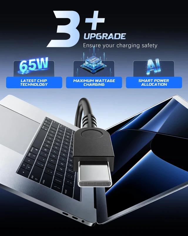 Alt view image 4 of 7 - 65W USB-C Laptop Charger Compatible with Lenovo ThinkPad T14 T14s T480s/T490 X1 Carbon, Yoga, Chromebook 100e 300e 500 S330 C330 Type C Laptop Charger UL Certified