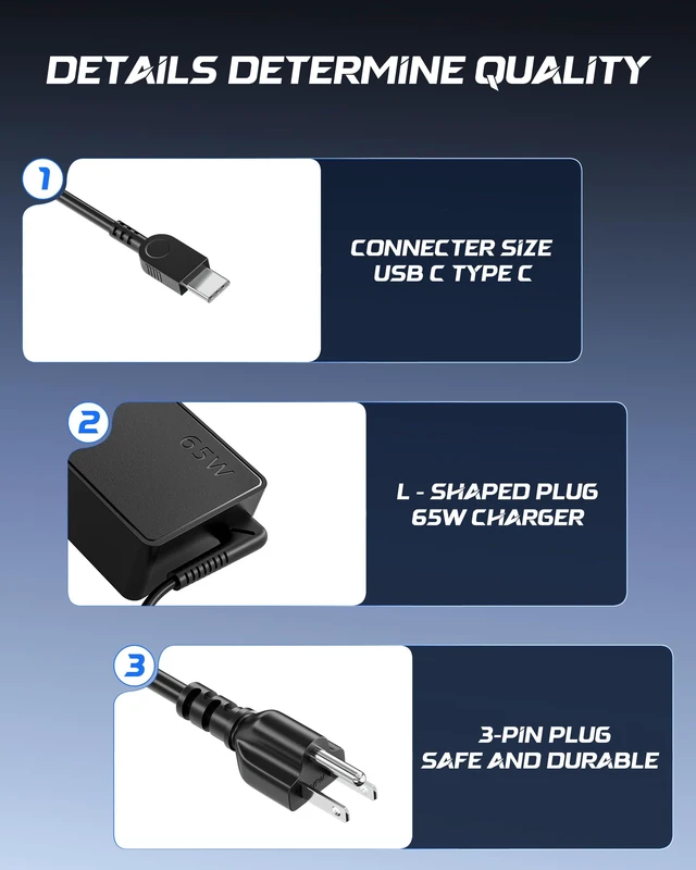 Alt view image 3 of 7 - 65W USB-C Laptop Charger Compatible with Lenovo ThinkPad T14 T14s T480s/T490 X1 Carbon, Yoga, Chromebook 100e 300e 500 S330 C330 Type C Laptop Charger UL Certified