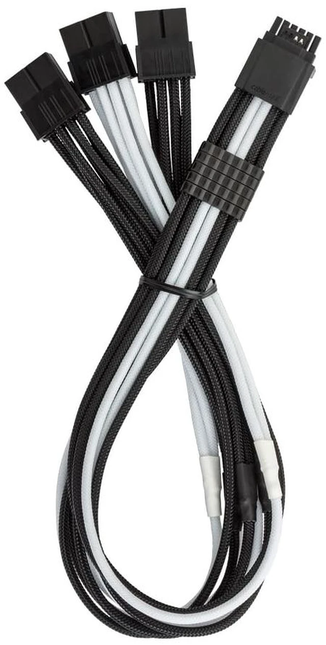Main image of ModMesh Pro Sleeved 12VHPWR StealthSense PCI-e Extension (Black + White, 16-pin to Triple 8-pin, 45cm)