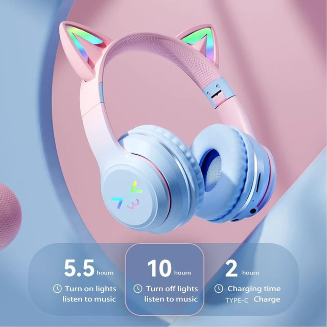 Alt view image 2 of 4 - Cat Ear Bluetooth Headphones for Kids, Wireless Foldable Headphones with Microphone, LED Light Up Over Ear Headphones with Mic, for Home Office CellphoneiPhone/iPad/Laptop/PC (Black)