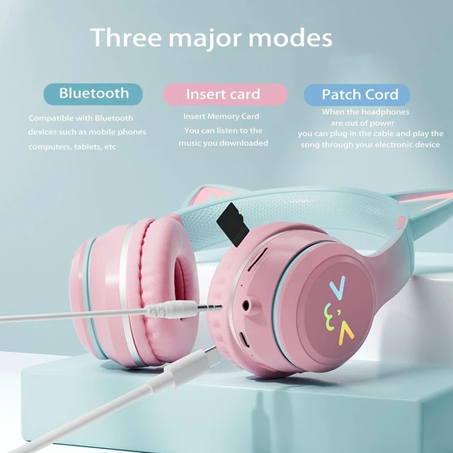 Alt view image 3 of 4 - Cat Ear Bluetooth Headphones for Kids, Wireless Foldable Headphones with Microphone, LED Light Up Over Ear Headphones with Mic, for Home Office CellphoneiPhone/iPad/Laptop/PC (Black)