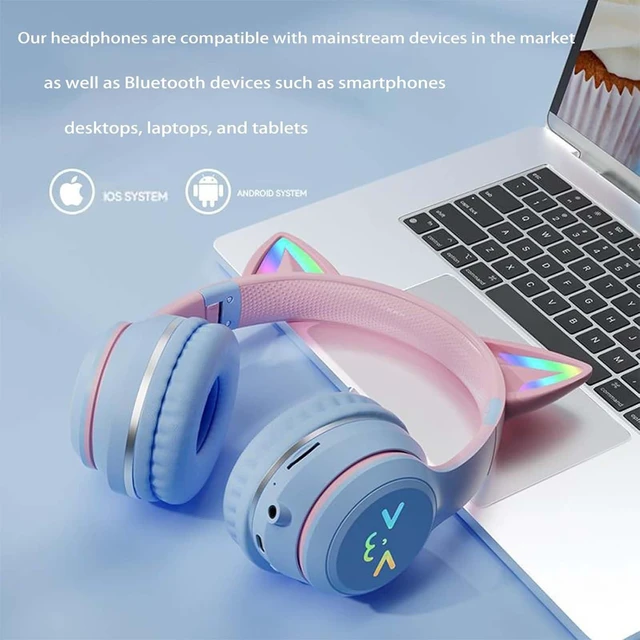 Alt view image 4 of 4 - Cat Ear Bluetooth Headphones for Kids, Wireless Foldable Headphones with Microphone, LED Light Up Over Ear Headphones with Mic, for Home Office CellphoneiPhone/iPad/Laptop/PC (Black)