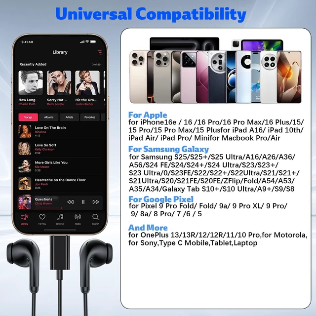 Alt view image 7 of 7 - USB C Headphone for iPhone 18 Pro/17 Pro Max 16 Wired Earbuds,Black Type C Earphones with Mic Volume Control,Stereo Corded Headphones for Samsung S26 S25 S24 A16 A17 for Apple iPad Air 11 10th