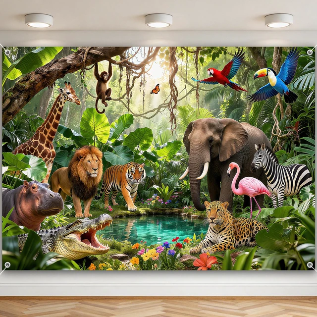 Main image of Jungle Backdrop Safari Party Decorations Rainforest Animals Banner 7x5ft, Polyester, Safari Backdrop, Jungle Party Decorations, Photography Background