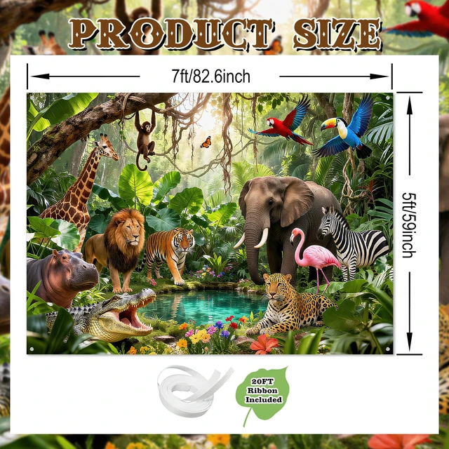 Alt view image 2 of 7 - Jungle Backdrop Safari Party Decorations Rainforest Animals Banner 7x5ft, Polyester, Safari Backdrop, Jungle Party Decorations, Photography Background
