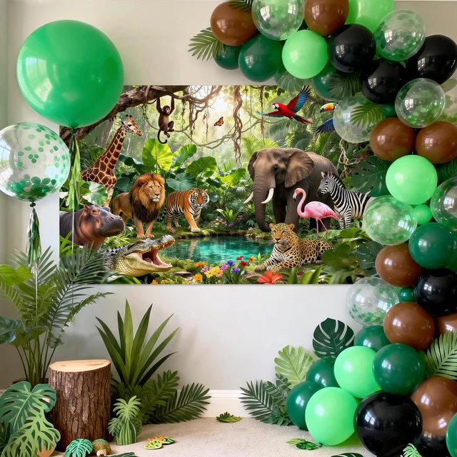 Alt view image 5 of 7 - Jungle Backdrop Safari Party Decorations Rainforest Animals Banner 7x5ft, Polyester, Safari Backdrop, Jungle Party Decorations, Photography Background