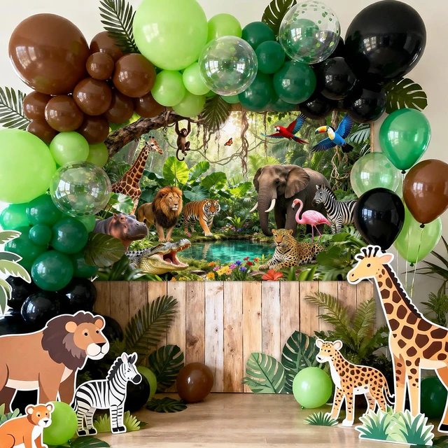 Alt view image 4 of 7 - Jungle Backdrop Safari Party Decorations Rainforest Animals Banner 7x5ft, Polyester, Safari Backdrop, Jungle Party Decorations, Photography Background