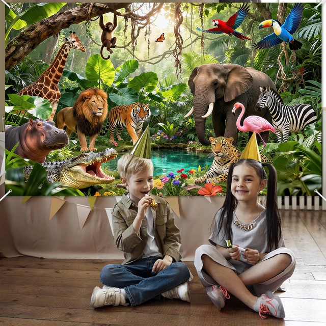 Alt view image 6 of 7 - Jungle Backdrop Safari Party Decorations Rainforest Animals Banner 7x5ft, Polyester, Safari Backdrop, Jungle Party Decorations, Photography Background