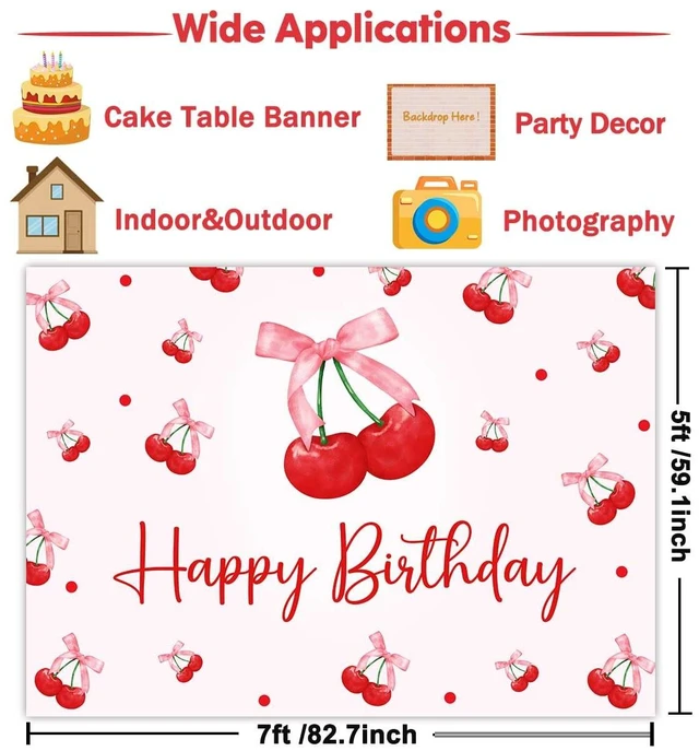 Alt view image 6 of 7 - Cherry Birthday Backdrop, Coquette Bow Birthday Banner Sweet Cherry with Bow Girls Decorations Pink Coquette Sweet Cherries Bday Party Supplies Background Photo Booth Props 7x5ft