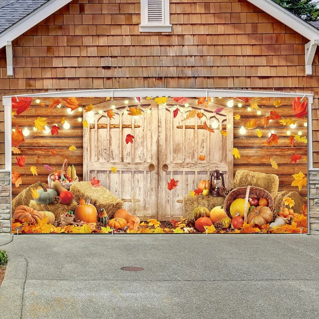 Alt view image 7 of 7 - 6 x 13 ft Fall Garage Door Banner Thanksgiving Barn Decor Harvest Pumpkin, Hanging Backdrop Cover, with Grommets, Rope, Autumn Holiday Party Decor, Photo Studio Prop, for Wall, House