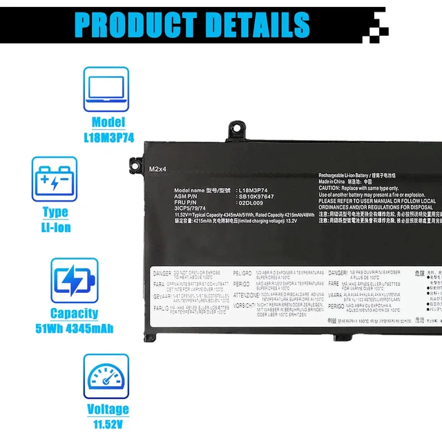 Alt view image 2 of 7 - L18M3P74 L18M3P73 L18L3P73 Battery Replacement for Lenovo ThinkPad T490 T495 T14 P43S P14S Series SB10K97646 02DL009 L18M4P74 SB10K97647 02DL010 L18C3P71 SB10K97648 02DL007 02DL008 51Wh 4345mAh